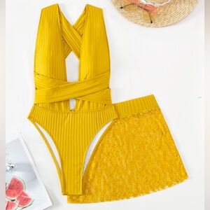 Yellow Crisscross One Piece Swimsuit with Lace Skirt